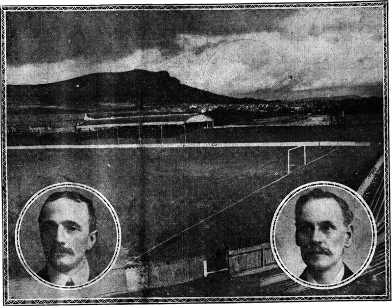 The Solitude Ground in Clitonville (insets: J Ferguson, Irish FA Secretary & A. Thompson, Irish FA President)